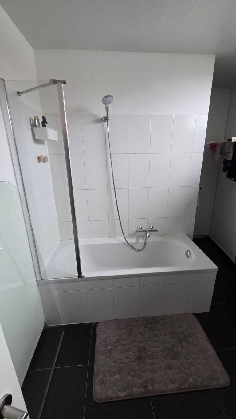 Avant : baignoire avec pare-baignoire et carrelage blanc